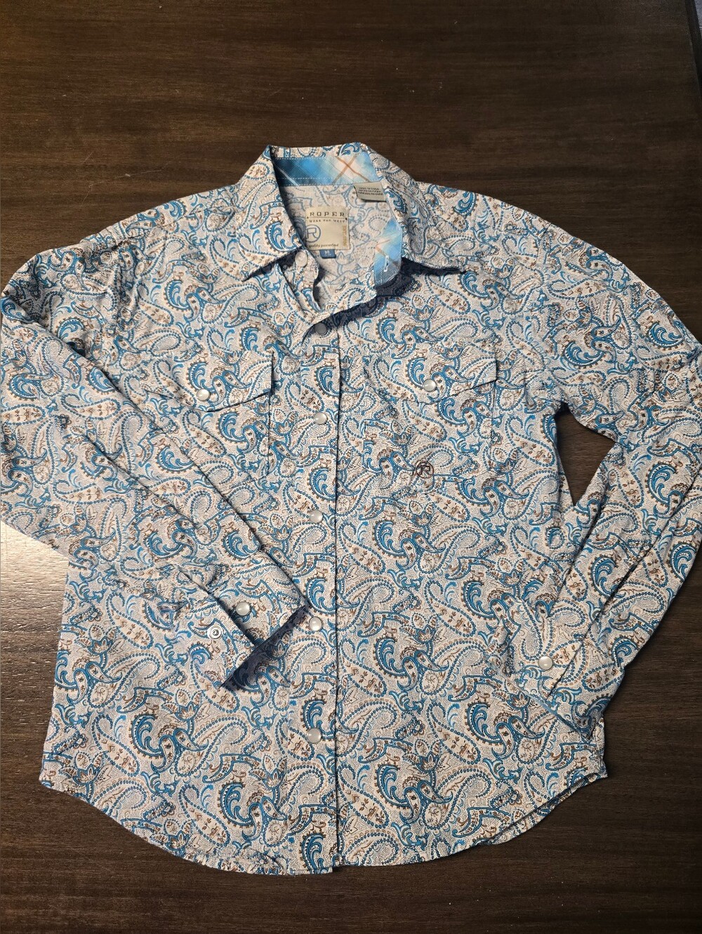 Roper Blue and White Paisley Button-Down Shirt, Boys M